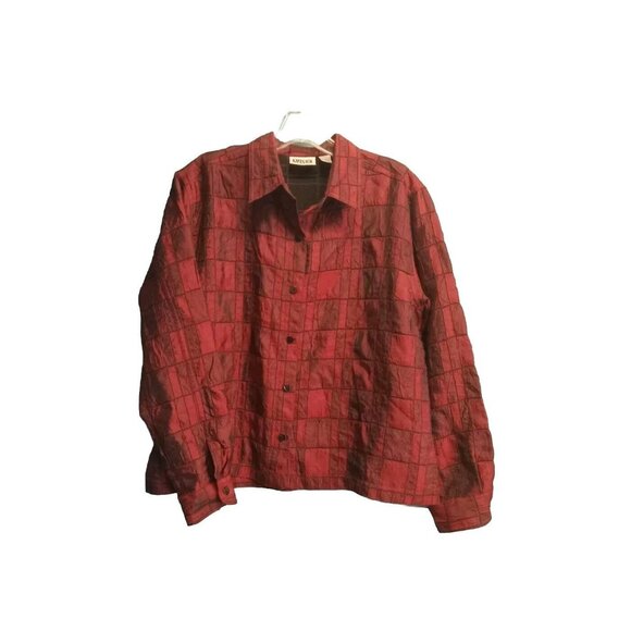 Chico's Design Jackets & Blazers - Chico's Red Black Patchwork Shirt Jacket M Boho Goth Dark Academia